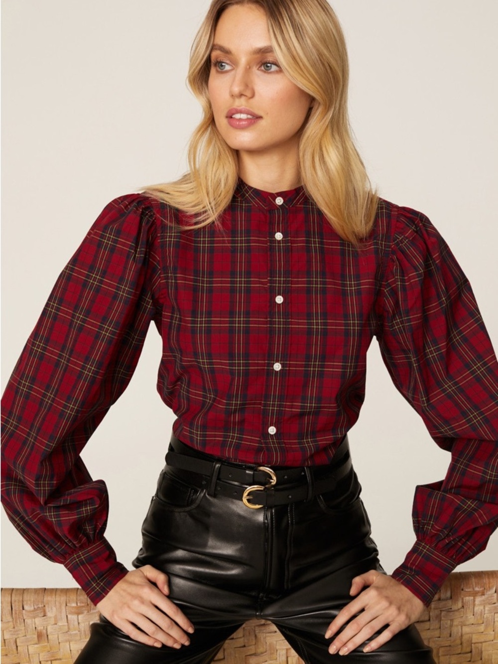 Polo by Ralph Lauren Red Plaid Puff-Sleeve Button-Down Top